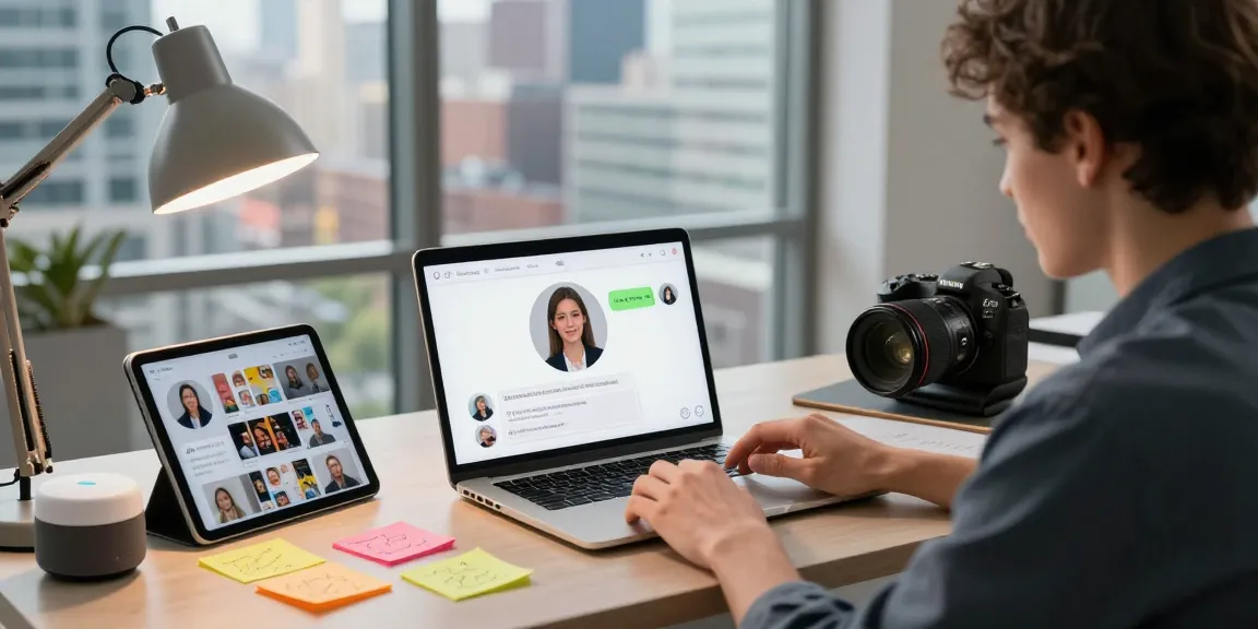 Engaging with Crush on AI chatbot in a modern workspace with vibrant tech gadgets.