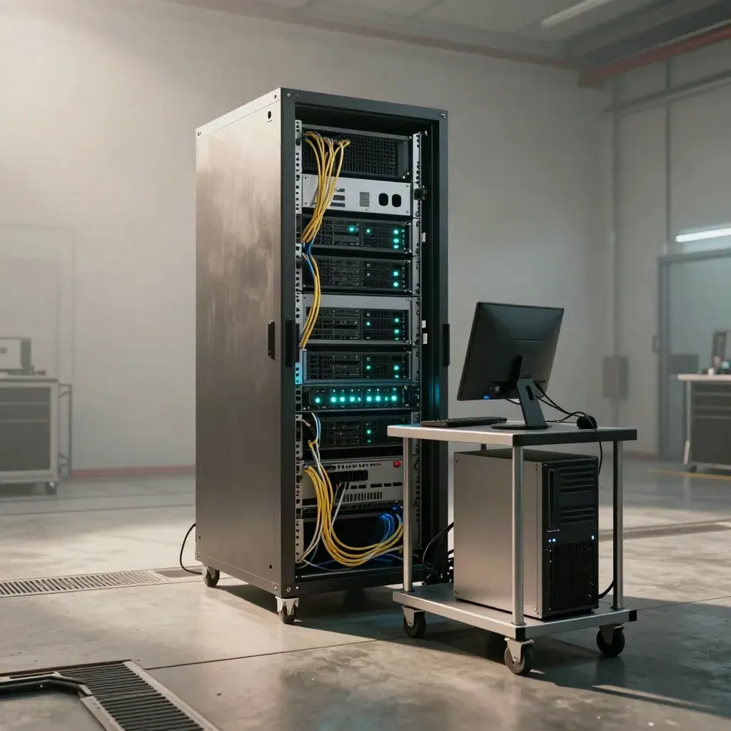 Serverrack och ny arbetsstation i ljus teknisk hall med blå statuslysdioder