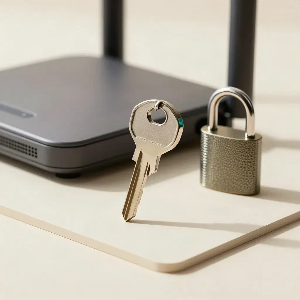 Lösenordsskyddad säkerhetsnyckel, router och krypterad lagring på ljus platta.
