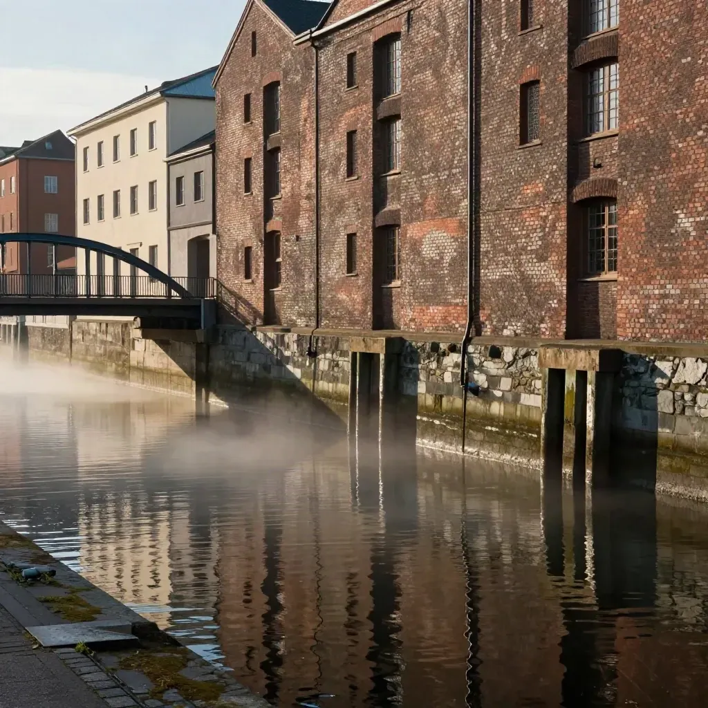 Göteborgs hamn med broar, tegelhus och lugn vattenyta i varmt ljus